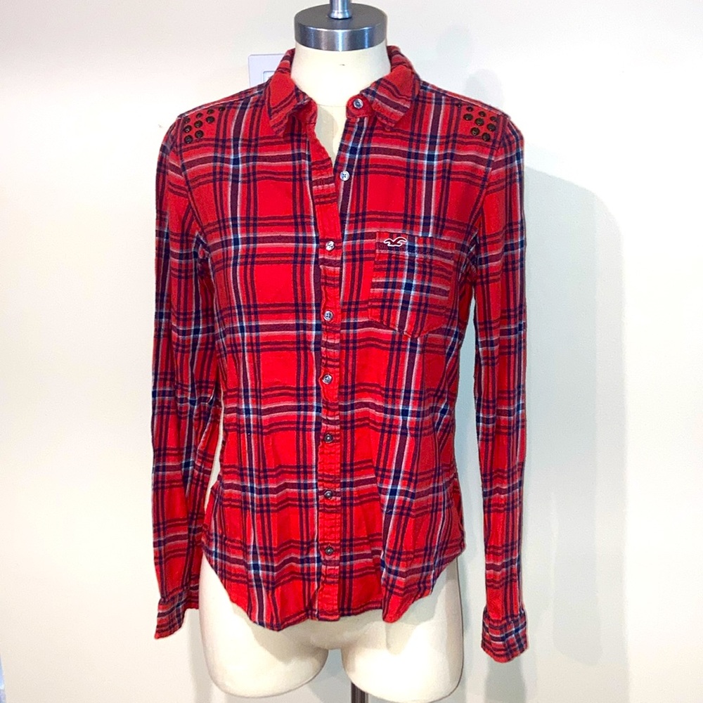 Women’s HOLLISTER Red Flannel Button Down Shirt with Embellishments ~ size L